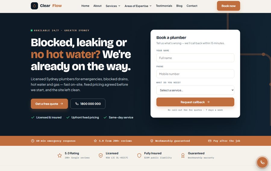 ClearFlow Plumbing — plumbing website built by Bytewren